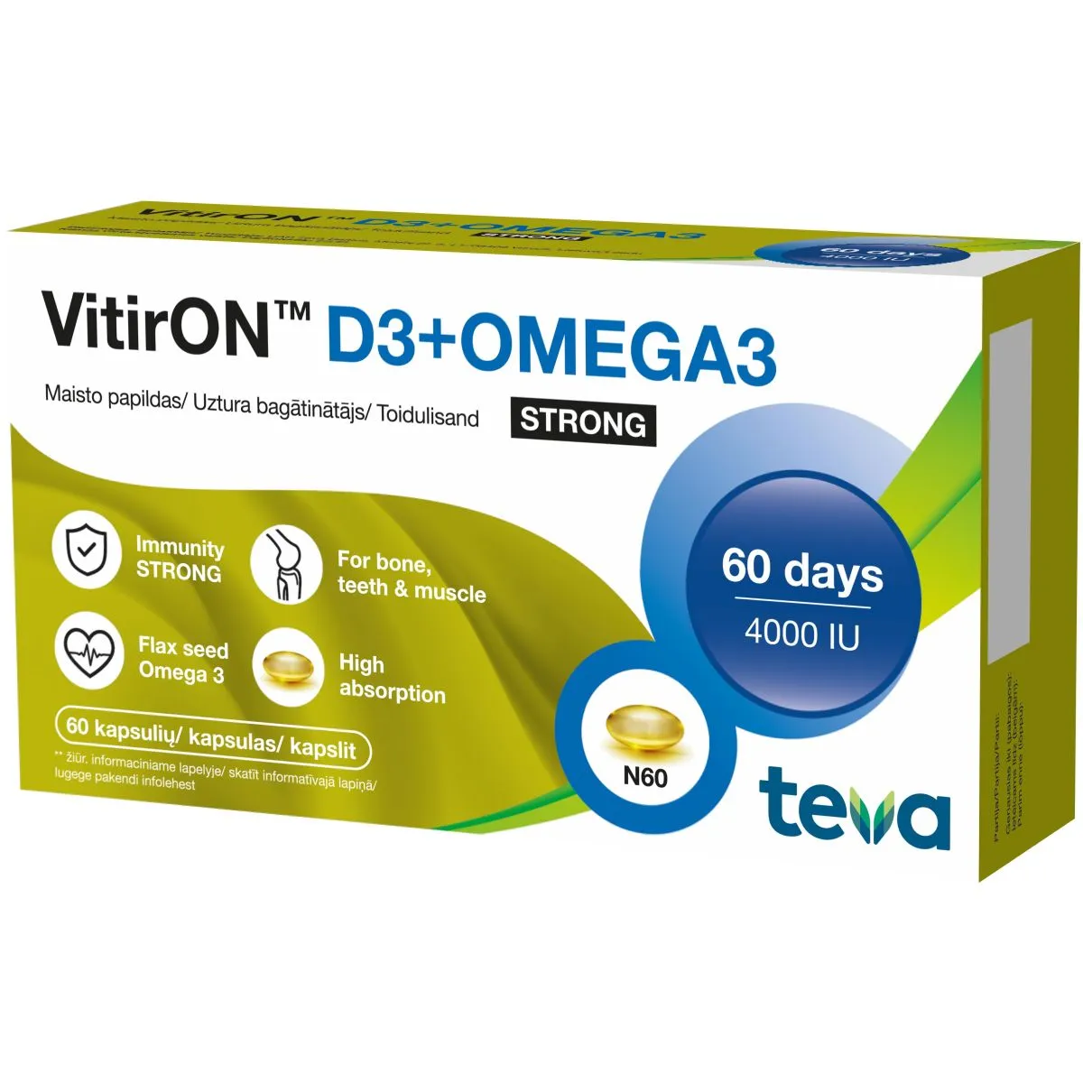 VITIRON D3+OMEGA3 STRONG KAPSLID 4000IU N60 - Product Image