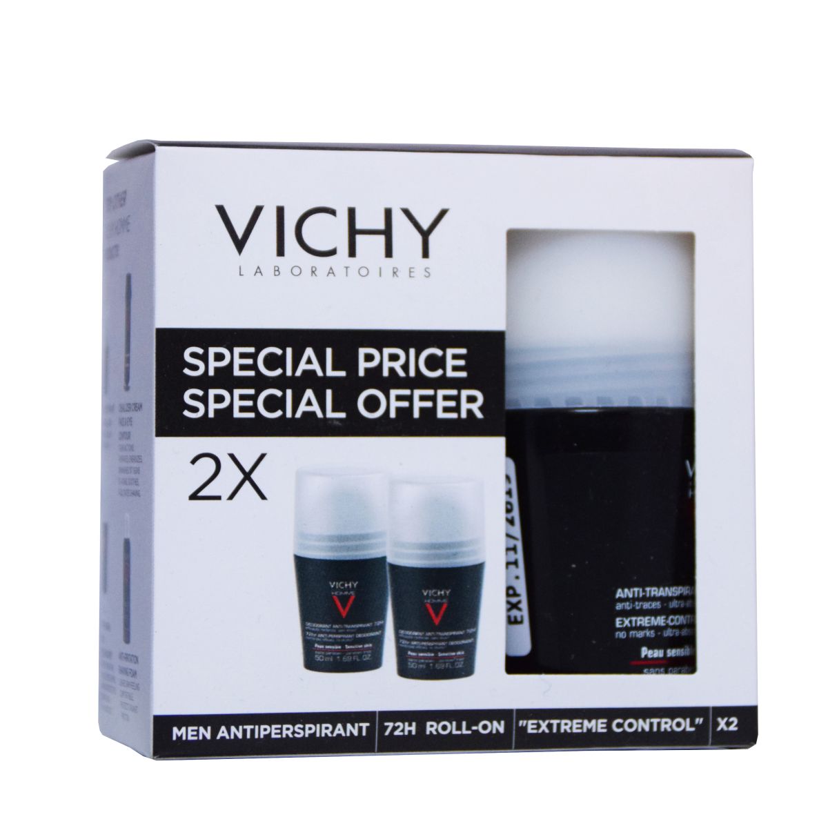 VICHY HOMME ANTIPERSPIRANT ROLL-ON 72H EXTREME 2X50ML - Product Image