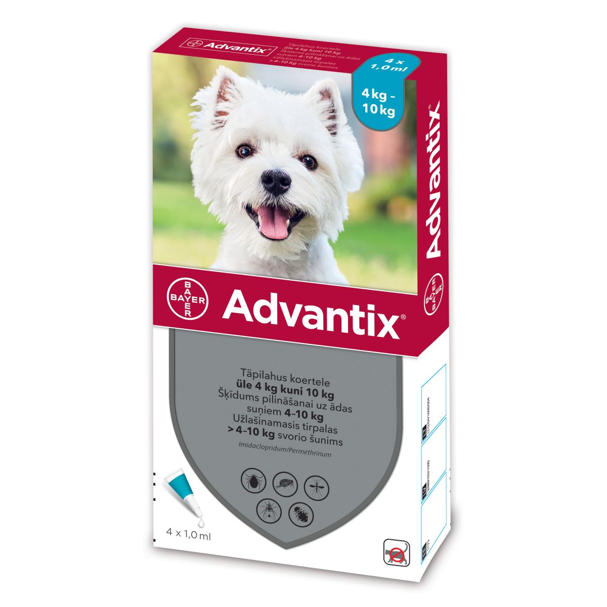 ADVANTIX TÄPILAHUS 500MG+100MG/ML 1ML N4 (>4-10KG) - Product Image