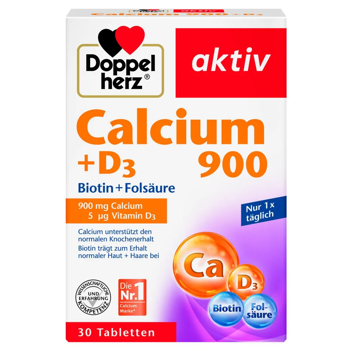 DOPPELHERZ AKTIV KALTSIUM 900 + D3 + BIOTIIN + FOOLHAPE TBL N30 - Product Image