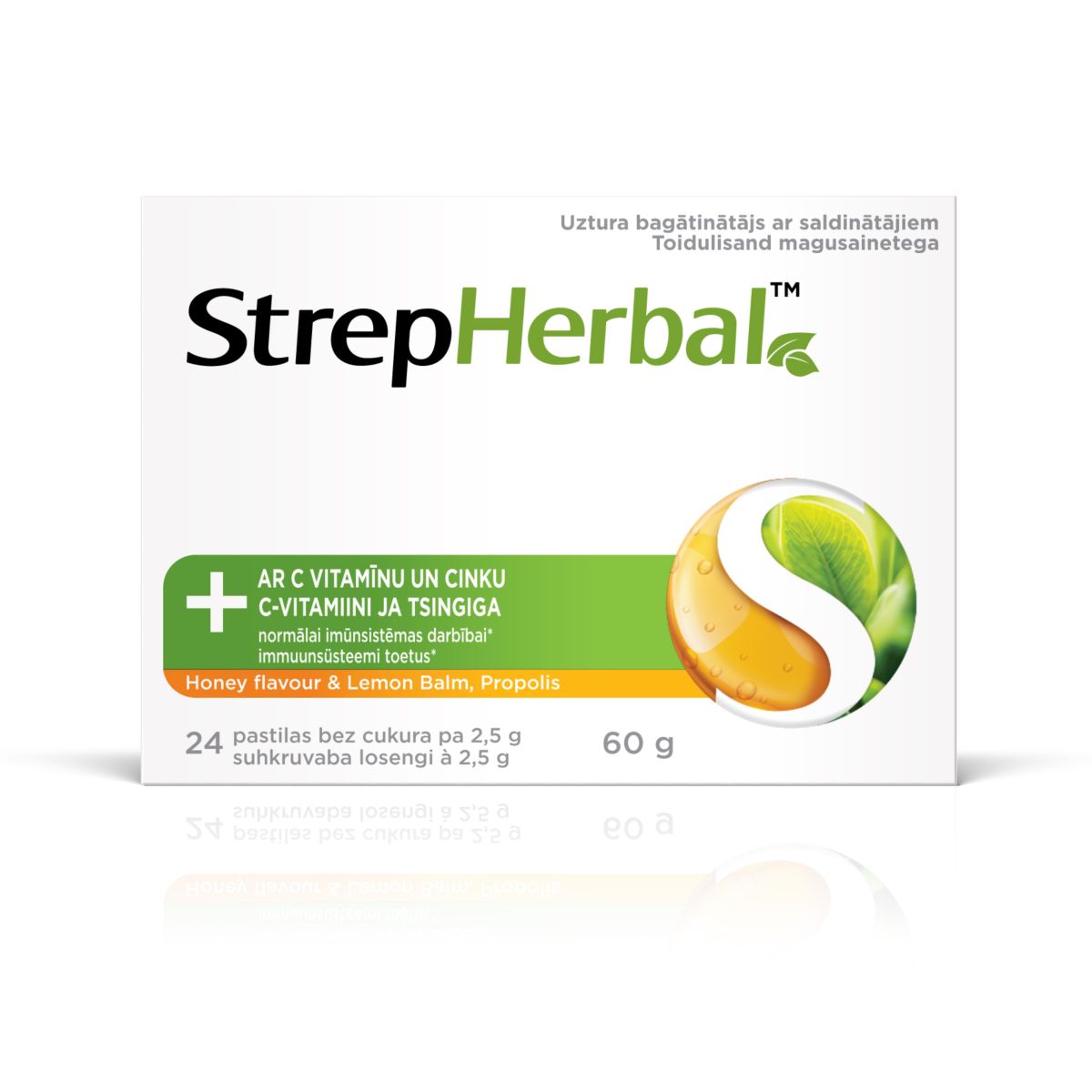 STREPHERBAL HONEY&LEMON BALM PROPOLIS LOSENG C-VITAMIIN+TSINK N24 - Product Image